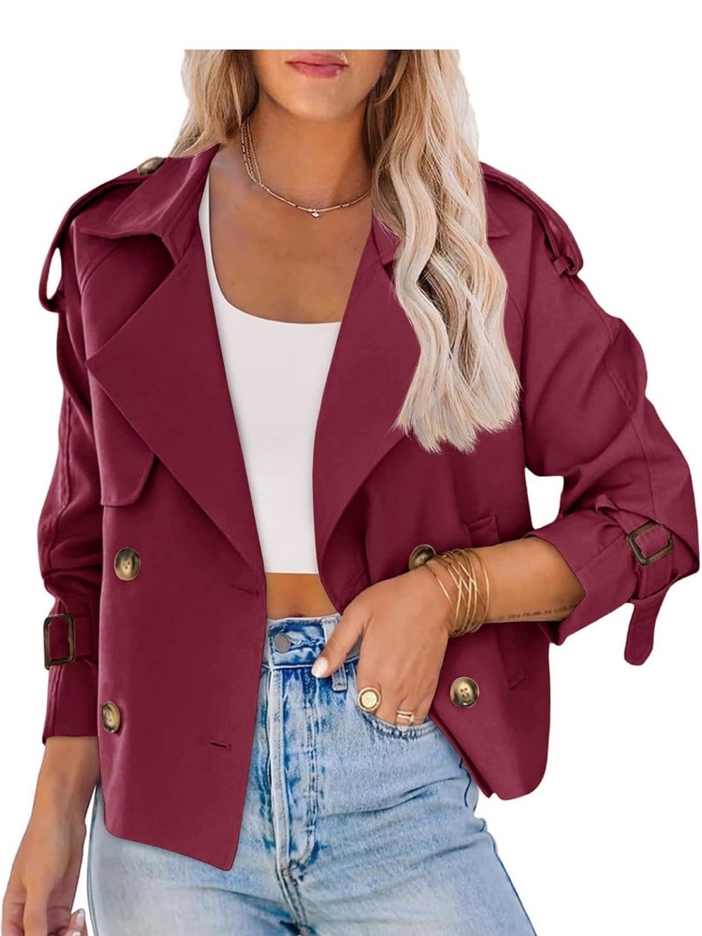 Womens Wine Red Double-Breasted Cropped Trench Jacket